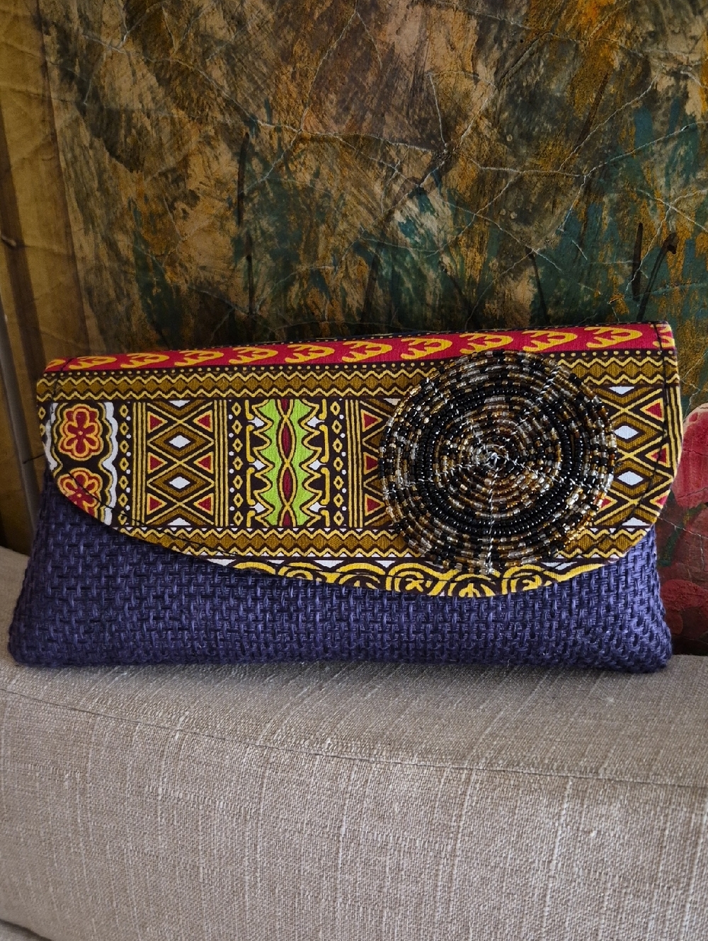 Handmade African Beaded Jute Purple Multi-colored Medallion Snap Pouch Bag